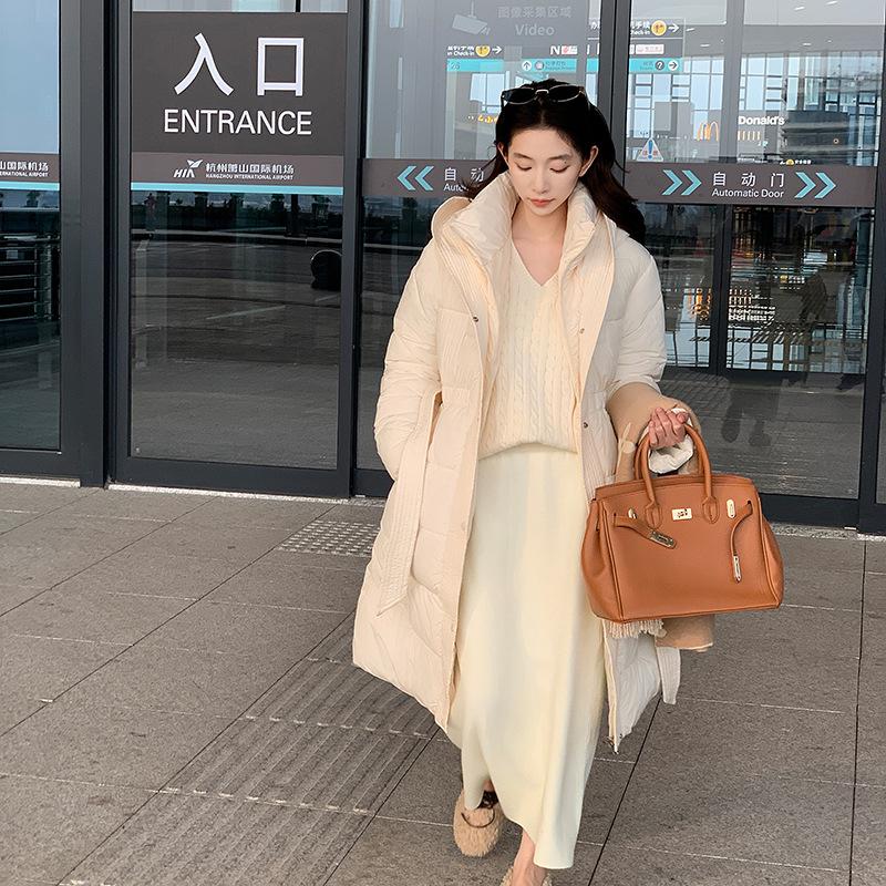 2025 new Korean version of winter fashion waist jacket mid-length lace-up thickened cotton jacket slimming hooded cotton clothes for women