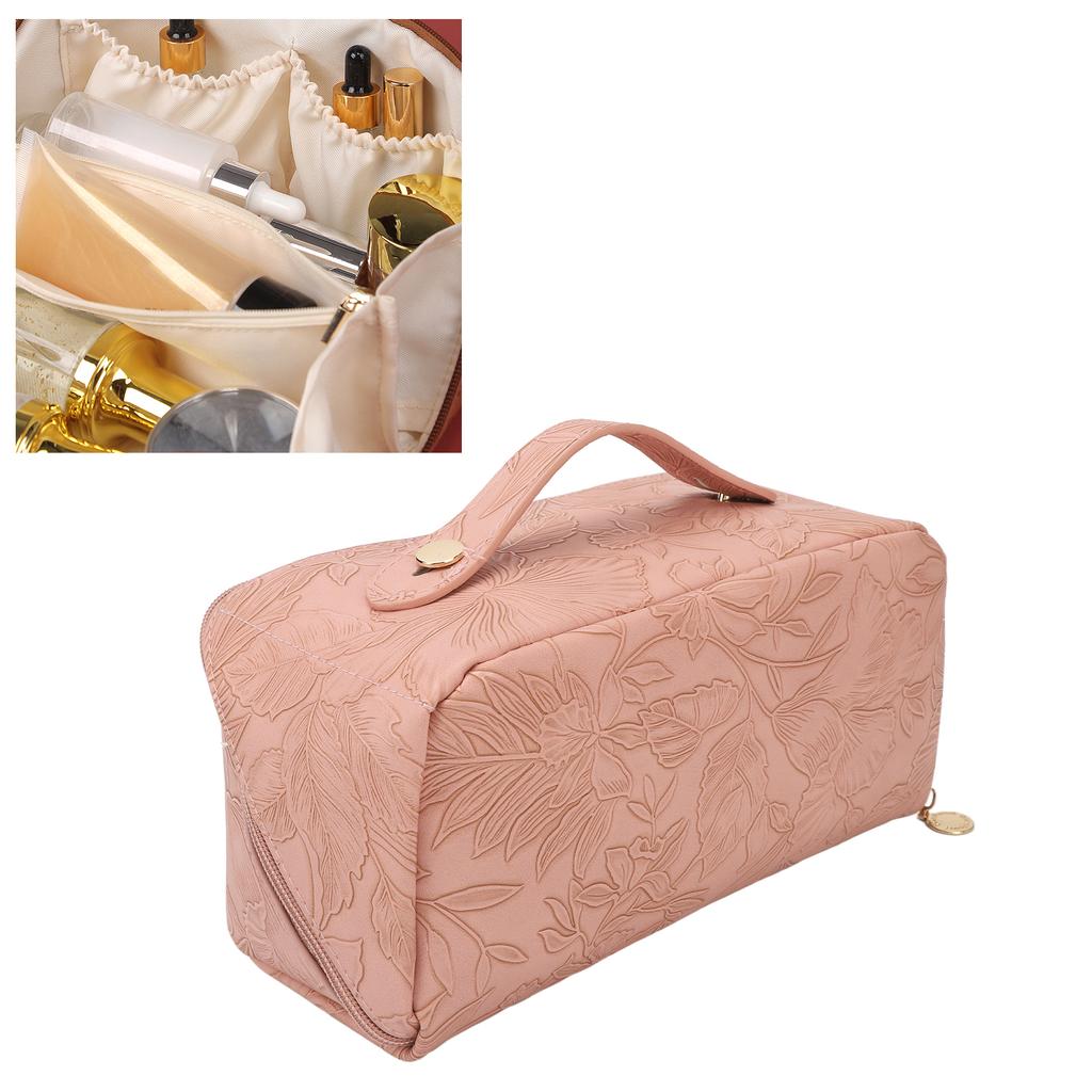 Make Up Cosmetic Bag PU Leather 180 Degree Opening Large Capacity Multi Functional Divider Flat Makeup Bag Pink