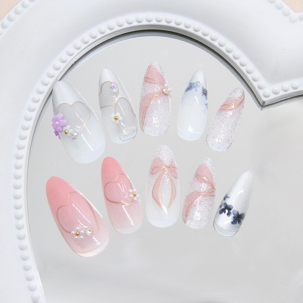 Sweet cat's eye flash diamond small flower bow hollow heart removable manicure 24 pieces