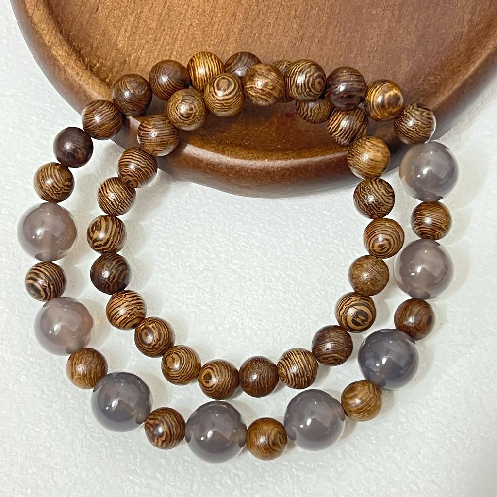 Double Layered Wooden Bracelet with Natural Agate Stone for Men 8mm Round Beads Bangle Multilayered Wristbands