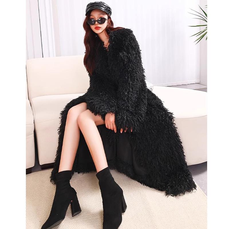 Women's toka roll wool fur coat lamb wool coat lace-up casual warm winter extended plush coat