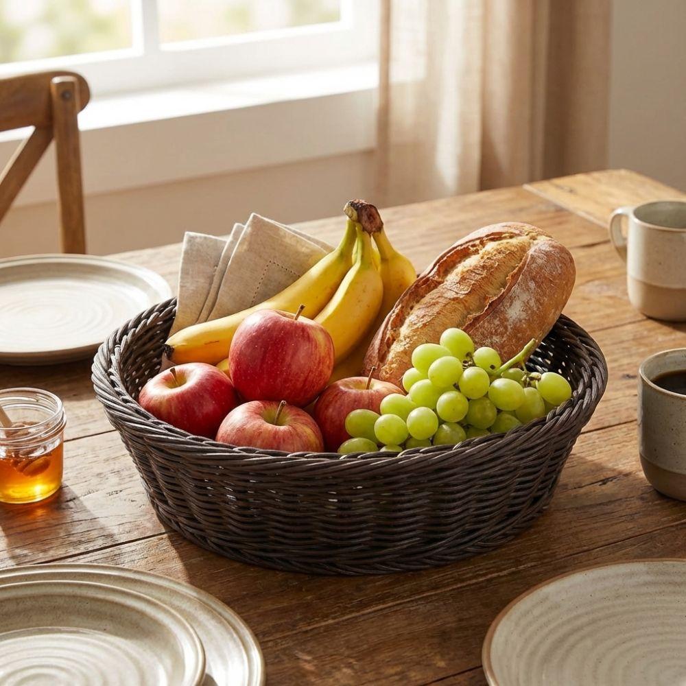 Round Handwoven Fruit Basket Breathable Vegetable Drain Basket Snack Basket Bread Display