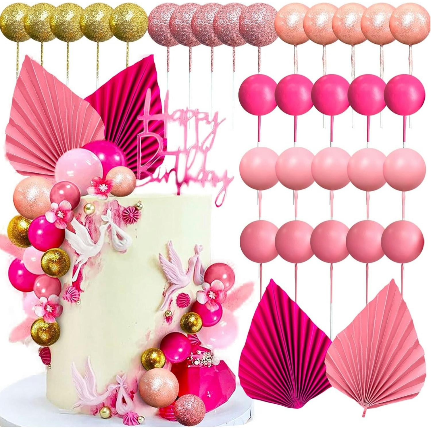 

32 PCS Pink Balls Cake Decoration Pink Leaves Palm Leaves Cake Decoration Boho Cake Decoration for Wedding Birthday Party