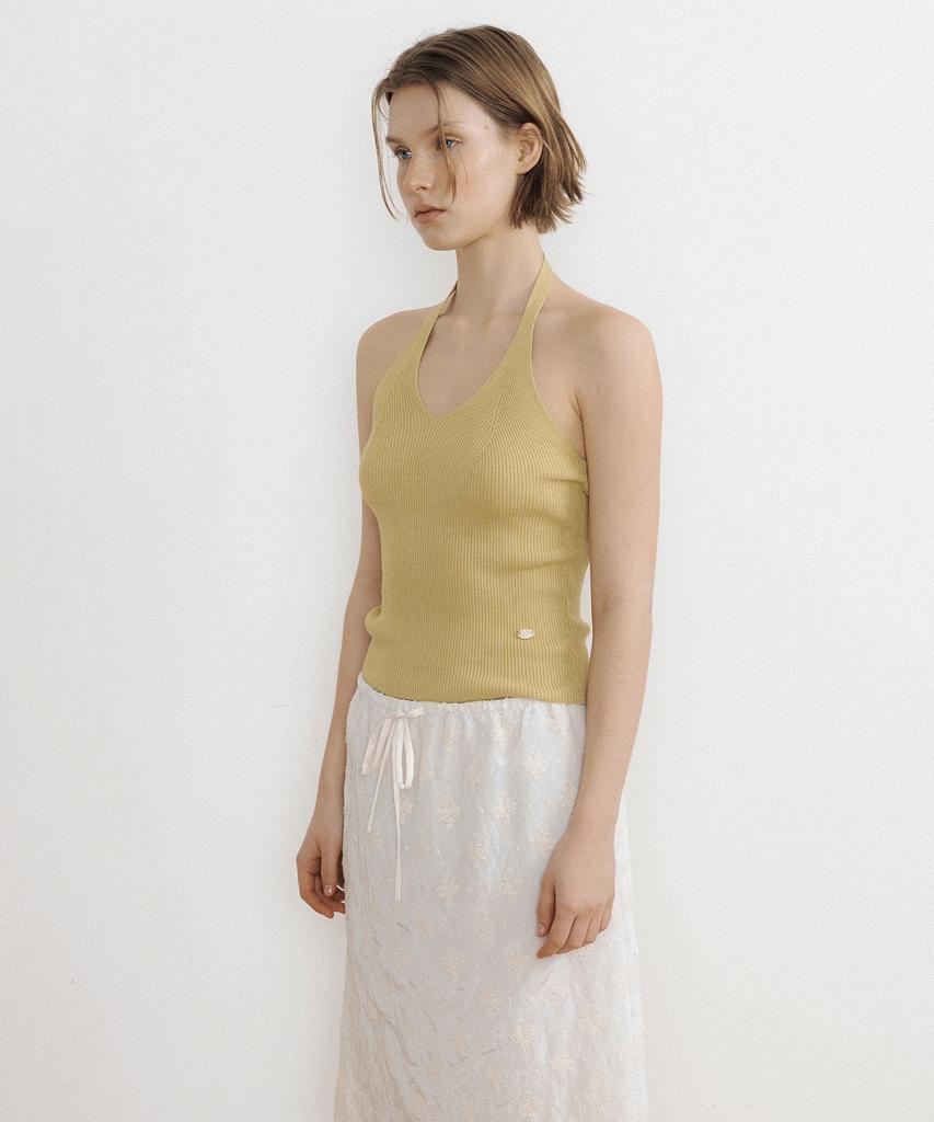 LUCIR ZU Airy Halter Knit Top (Green)