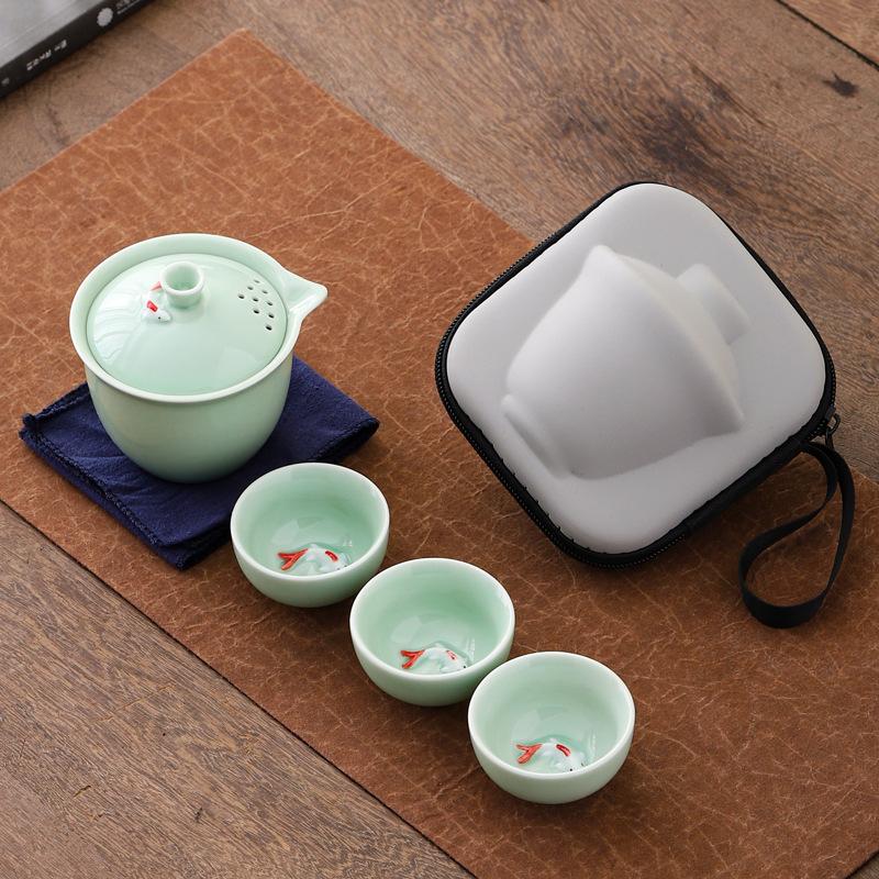 Portable Celadon Travel Teacup Tea Set Small Set Glass Outdoor One Pot Three Cups Ceramic Express Cup Brewing Teapot