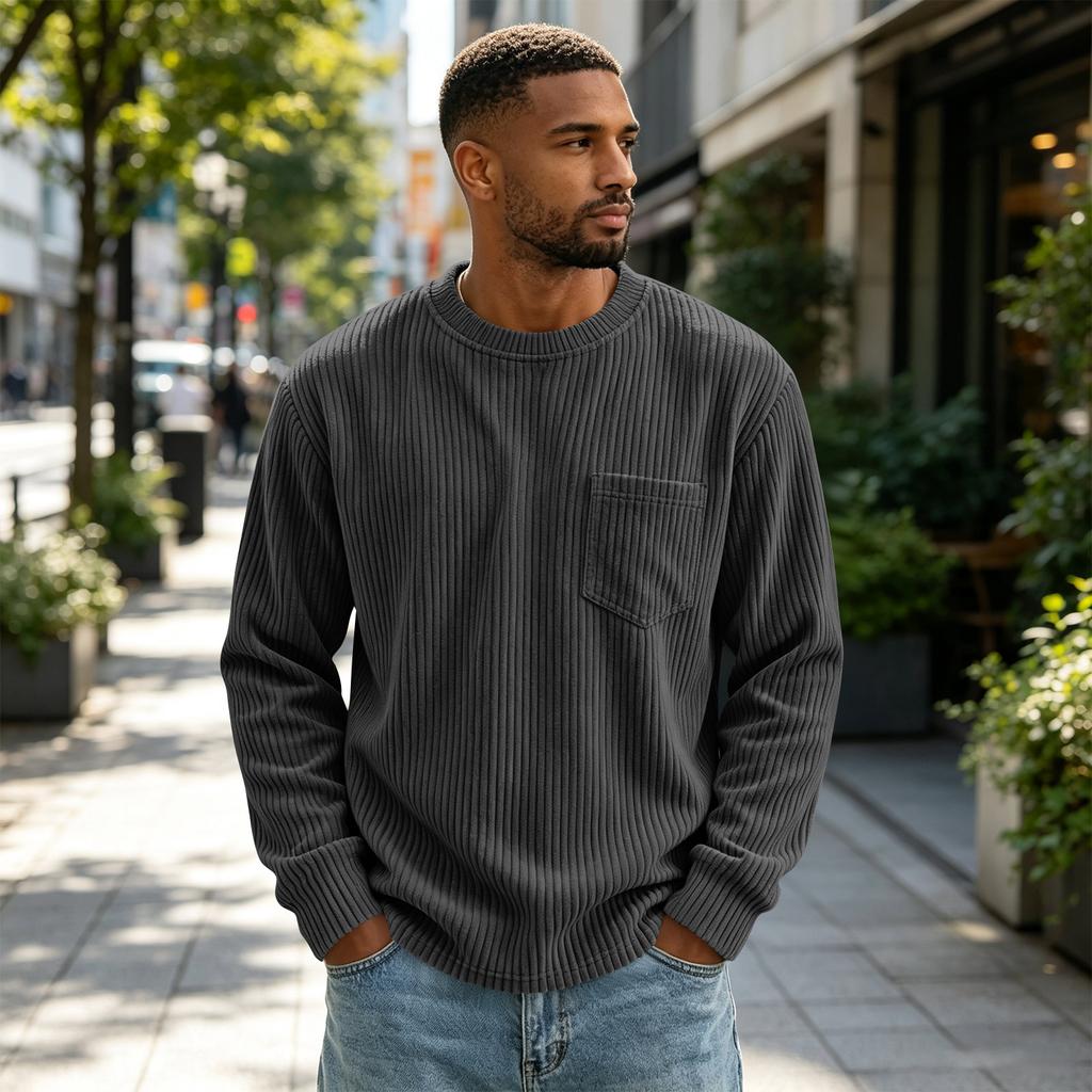 Men's Corduroy Long Sleeve Crewneck Top, Casual Athletic T-Shirt for Everyday Wear