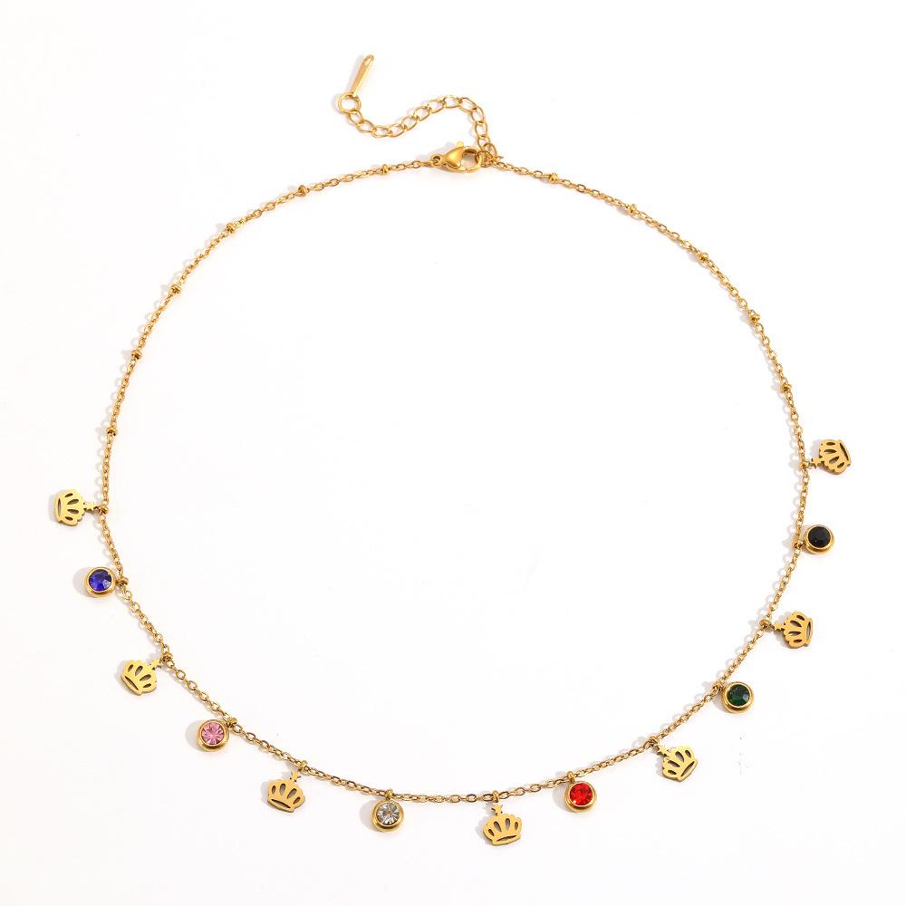 European Style Stainless Steel Crown Cross Necklace with Colorful Diamond Pendants for Women