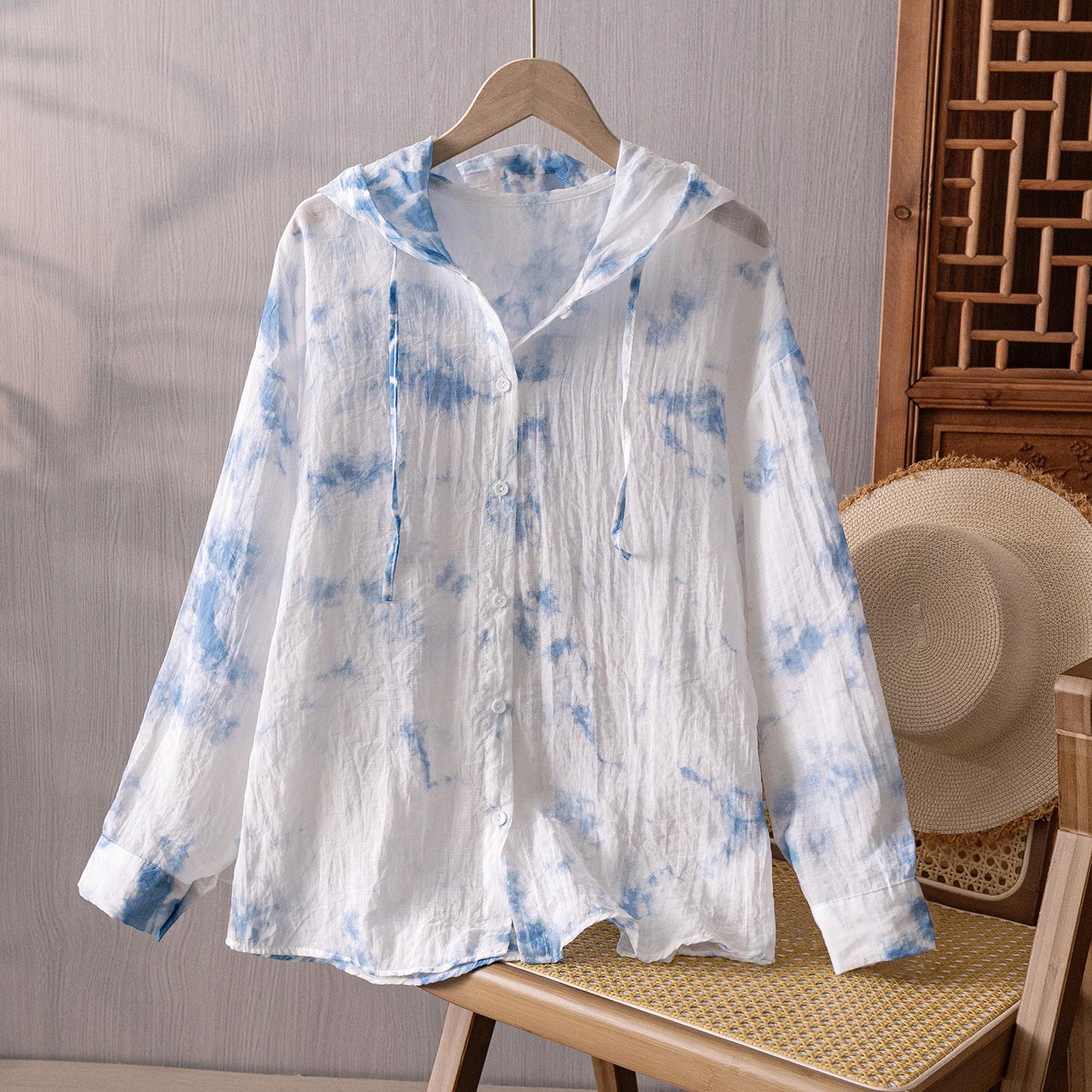 

Женская hooded рубашка-куртка с длинным рукавом для защиты от солнца, повседневная, пляжная, с тибетским узором tie-dye One Size