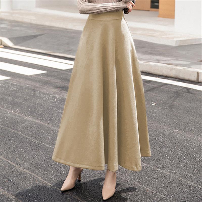 Tooxika High Waisted Solid Colored Woolen Half Skirt, Versatile For Commuting, Large Swing A-line Long Skirt