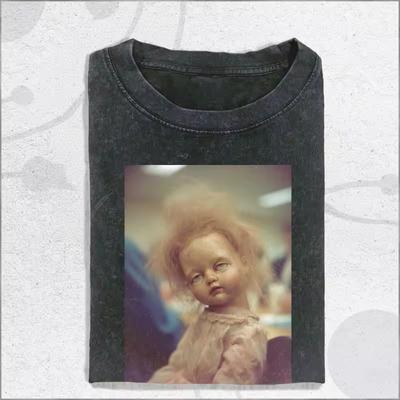 Vintage Wash Angry Face Time Out Doll T-shirt, Moody Distressed Portrait Top Summer Men's and Women's Washed T-shirt Top