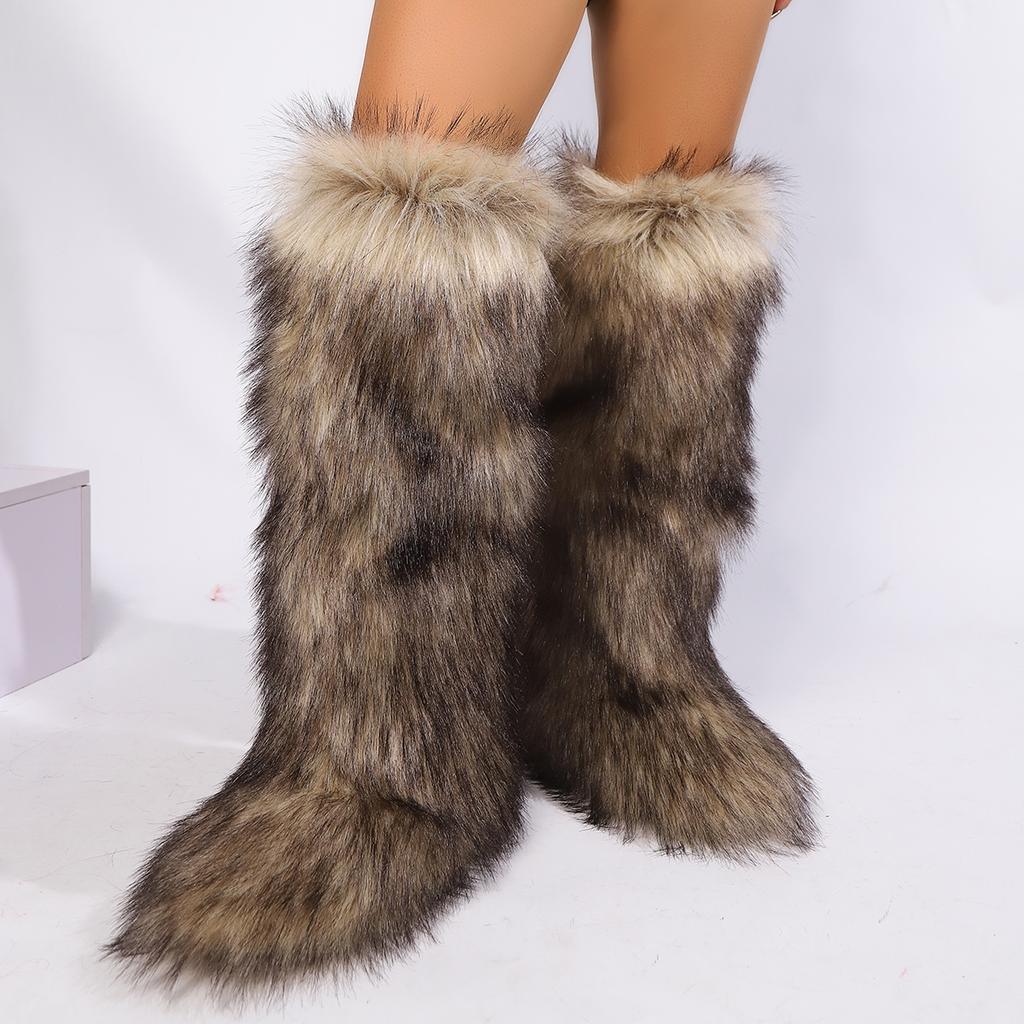 Womens Knee High Fuzzy Faux Fur Boots - Soft, Warm, and Comfortable Slip-on Design with Flat He Ladies Plush Warm Platform Shoes