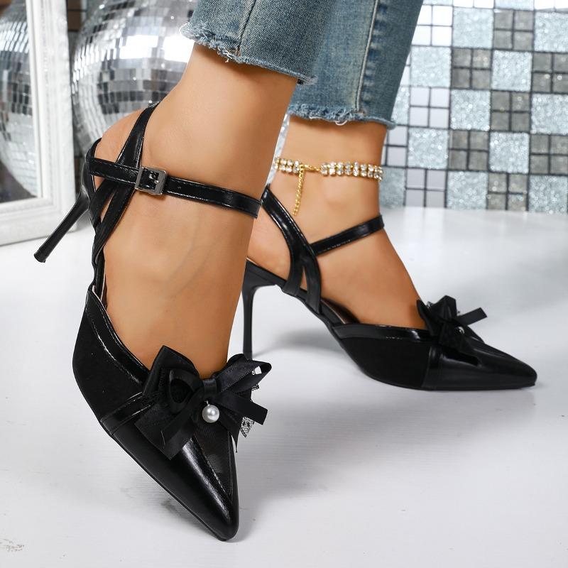 Bow Pointed Toe Sandals Women's Light Mouth One Buckle Stiletto Heel French Cutout Wrapped Heels