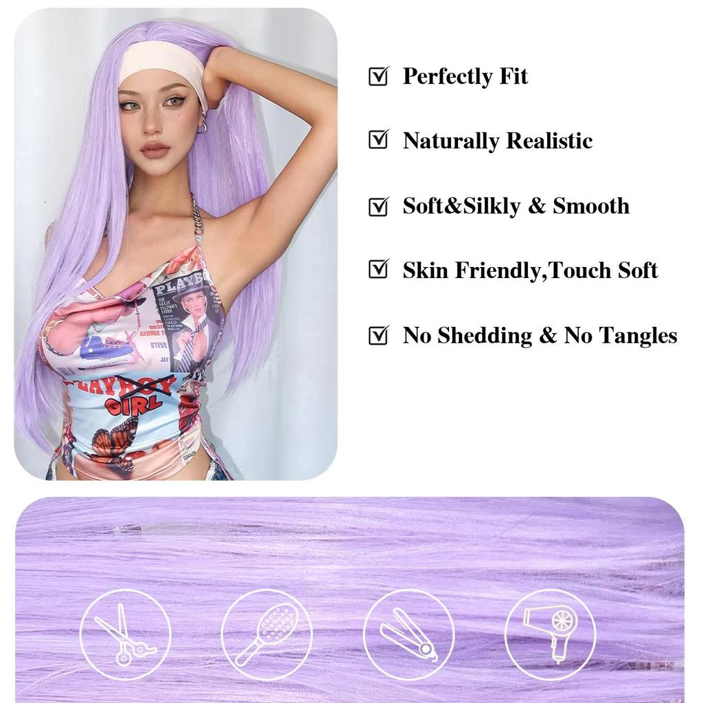 EASIHAIR Purple Synthetic Wigs for White Women Long Straight Headband Wigs Natural Hair Heat Resistant Daily Cosplay Fake Hair