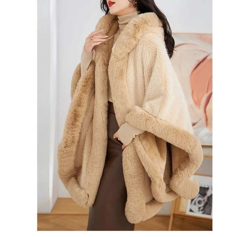 Shawl Outwear Cloak Women's Large Fur Collar Cloak Fashionloosefleece-linedthickenedwinterheattech Coat