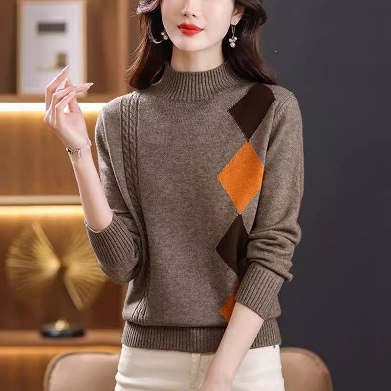 

Клетчатый контрастный цвет женская одежда пуловер длинный рукав полувысокий воротник осень зима свитер трикотажные офисные женские топы M коричневый