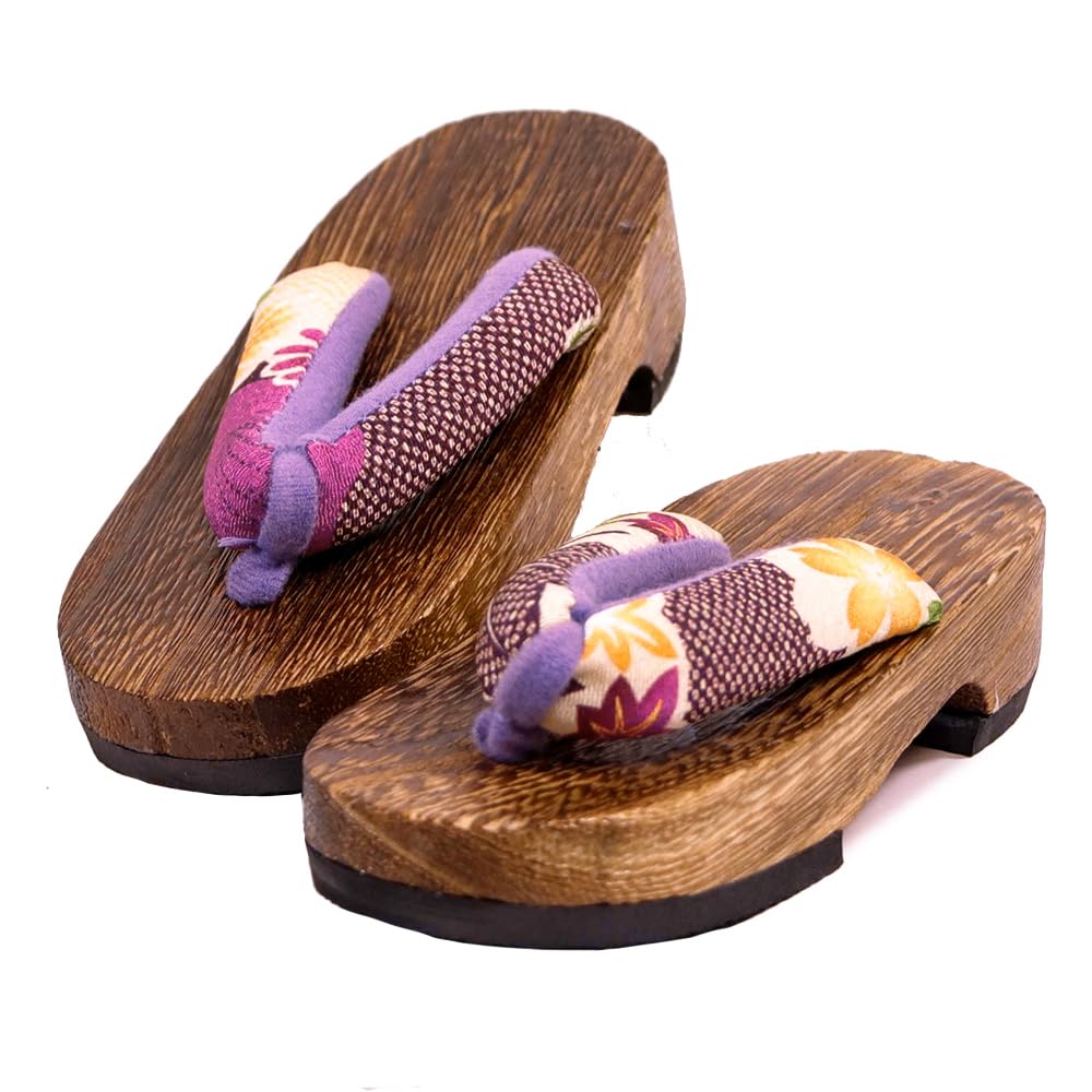 Geta for Burnt Paulownia Geta with Japanese Pattern Straps for Girls [KYOETSU] Kids, (19.5cm, G19)