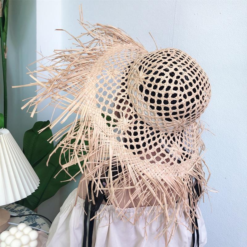 Summer Ins Travel Vacation Wind Hollow Raffia Straw Hat Women's Big Brim Shading Sun Protection Burr Edge Temperament Beach