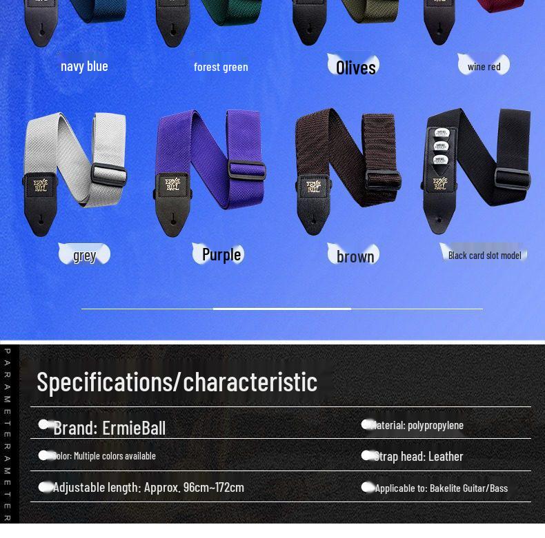 Ernie Ball Unisex Bakelite Guitar/Bass Strap - Extended Nylon Crossbody Shoulder Strap