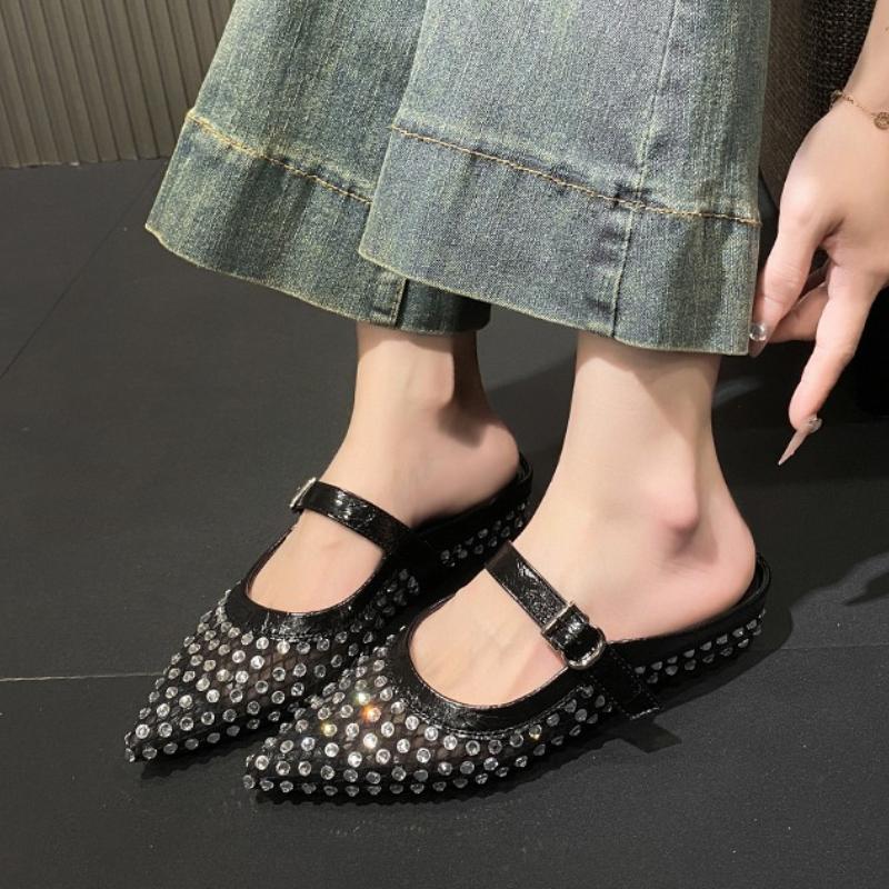 Fashion Crystal Women Mules Shoes Luxury Flats Slippers Mesh Casual Sandals Trend New Brand 2025 Summer Woman Slingback Sneakers Mujer