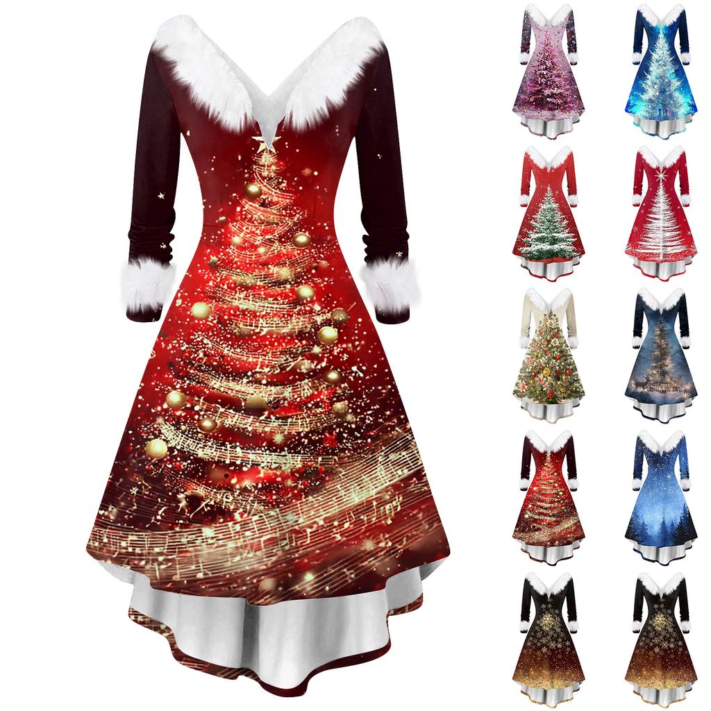 Dámské módní ležérní šaty s výstřihem do V a vánočním potiskem, dlouhý rukáv