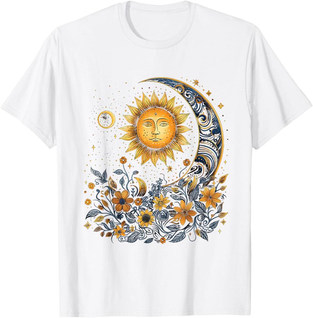 Mystic Sun and Moon Floral Graphic T-Shirt Men Casual Print O-Neck Breathable Trip Tee