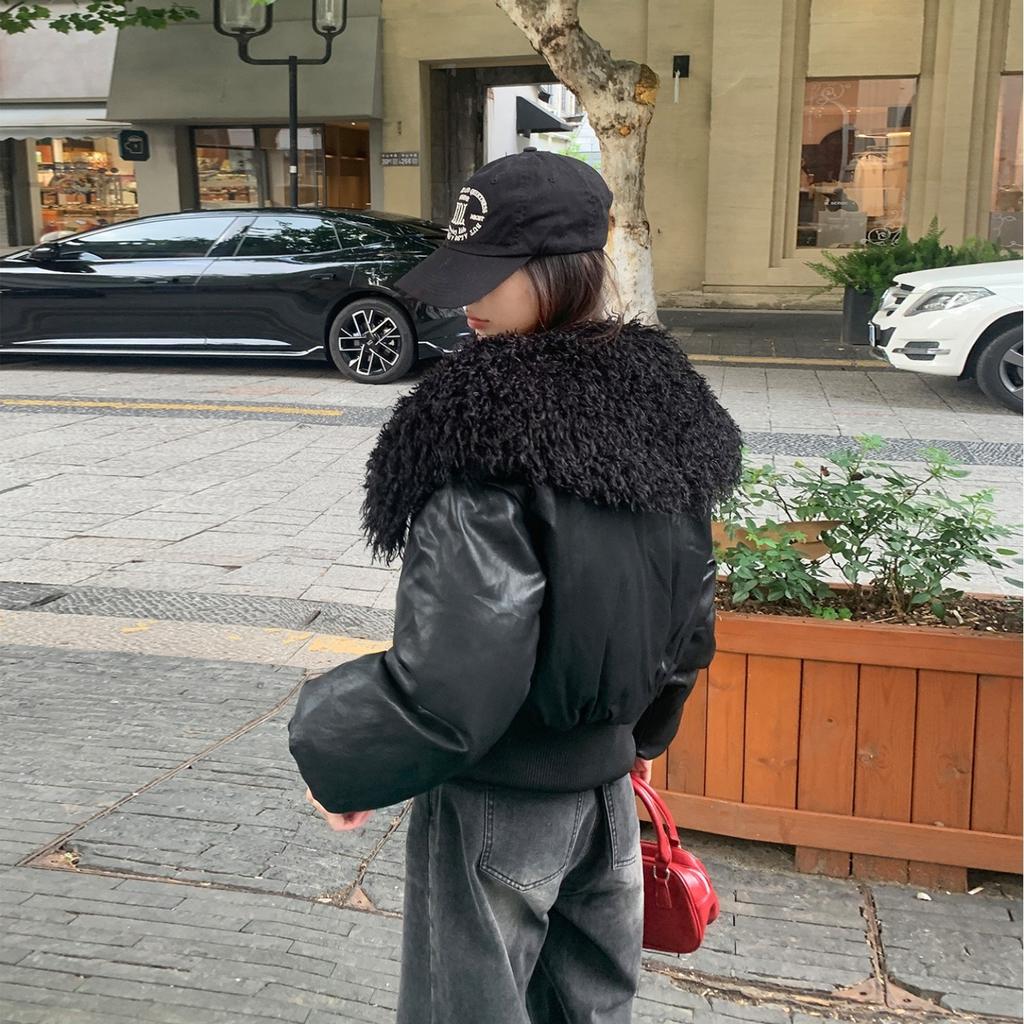 Winter New Pu Down Cotton Jacket Women's Short Lamb Wool Collar Warm Pie Overcome