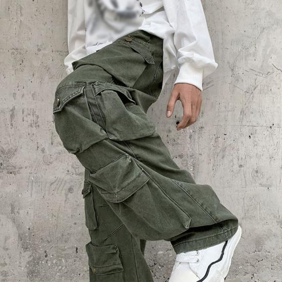 Men Cargo Pants Street Style Loose Multi Pockets American Retro Trousers Solid