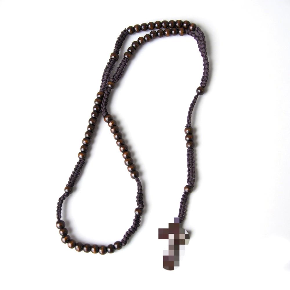 Wooden Bead Rosary Cross Prayer Necklace - Handwoven, 5 Colors Available