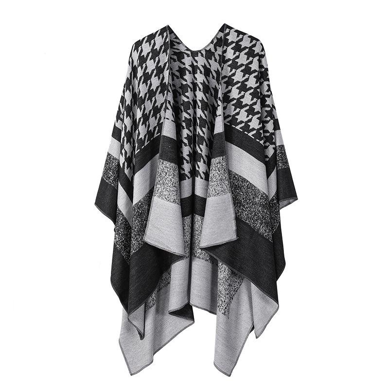 Women's European & American Double-Sided Solid Color Cape Shawl with Striped Edge