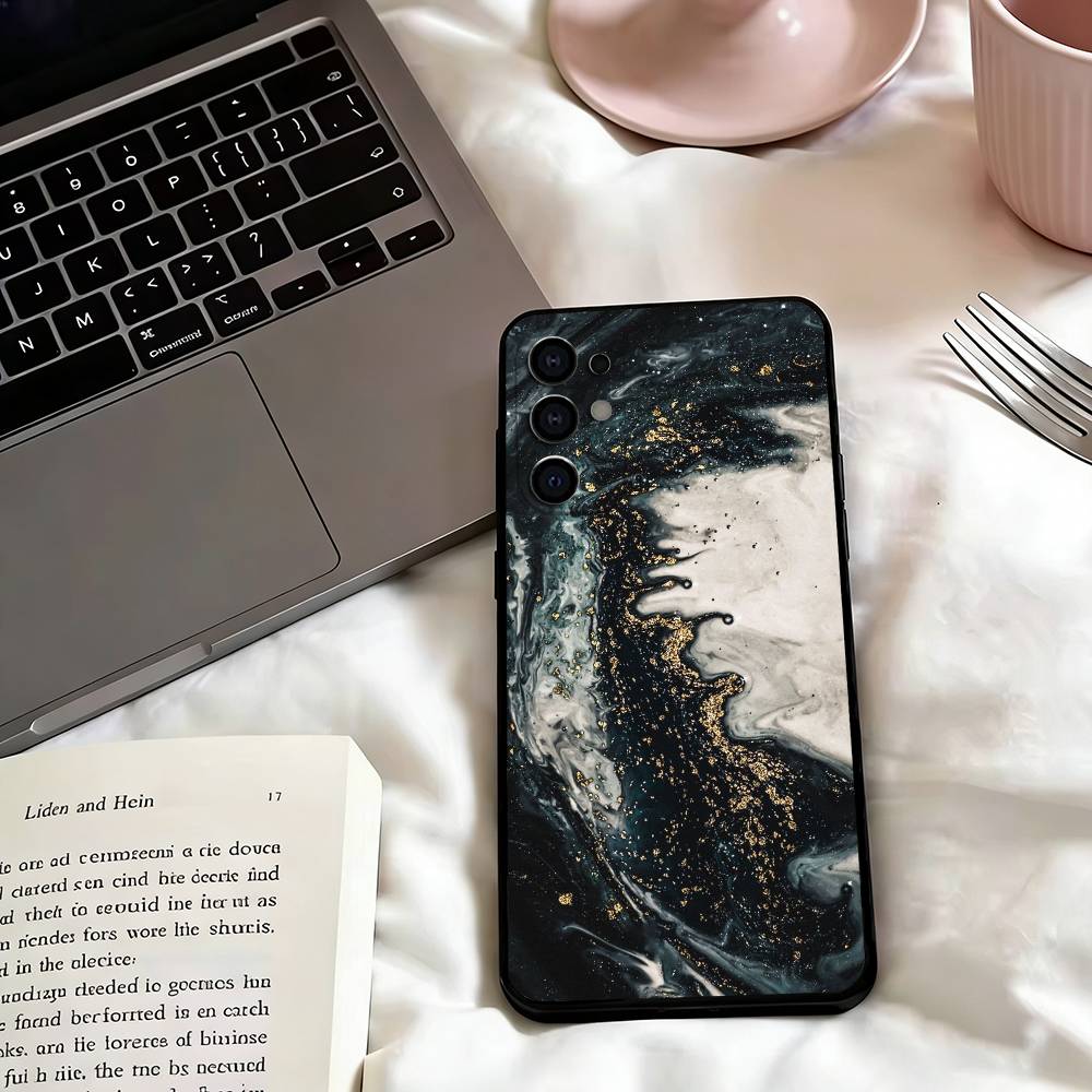 Marble Art Black Gold Phone Case Black Silicone Soft For Samsung S25,S24,S21,S22,S23,S30,Ultra,S20,Plus,Fe,Lite