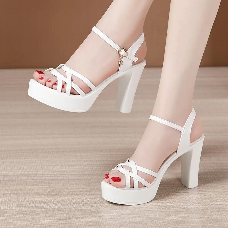Übergröße 32-43 Blockabsatz Plateau Schuhe Leder 2025 Sommer High Heels Sandalen Damen Elegant Silber Rot Weiß Hochzeitsschuhe