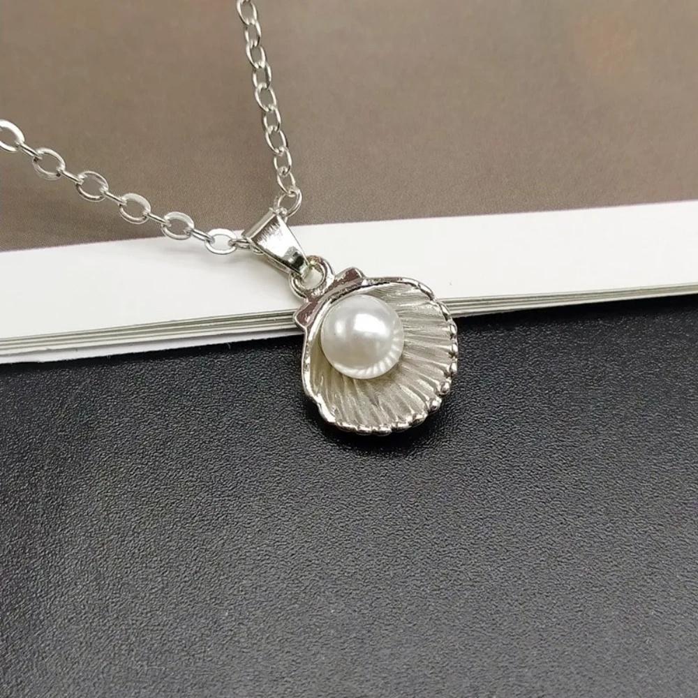 Imitation Pearl Shell Pendant Necklace Women's Ocean Series Style Elegant Short Clavicle Chain Necklace