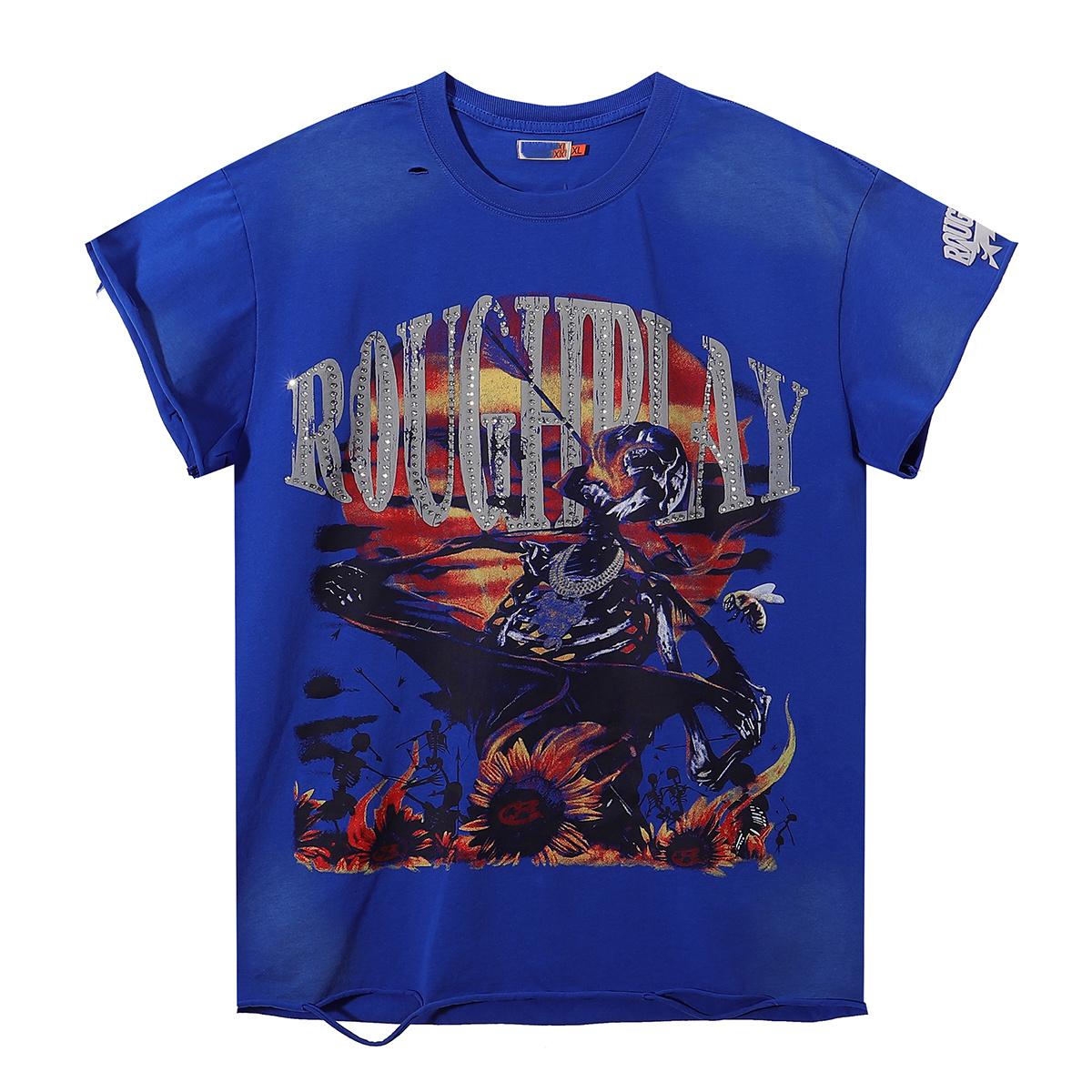 

Rhinestone Skeleton T-Shirt, Vintage Washed Blue Distressed Streetwear Tee for Men/Women XL