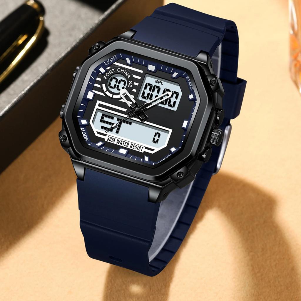 Sports Square Men Watch Waterproof LED Luminous Week Date  Wristwatch Silicone Strap Electronic Quartz Watches
