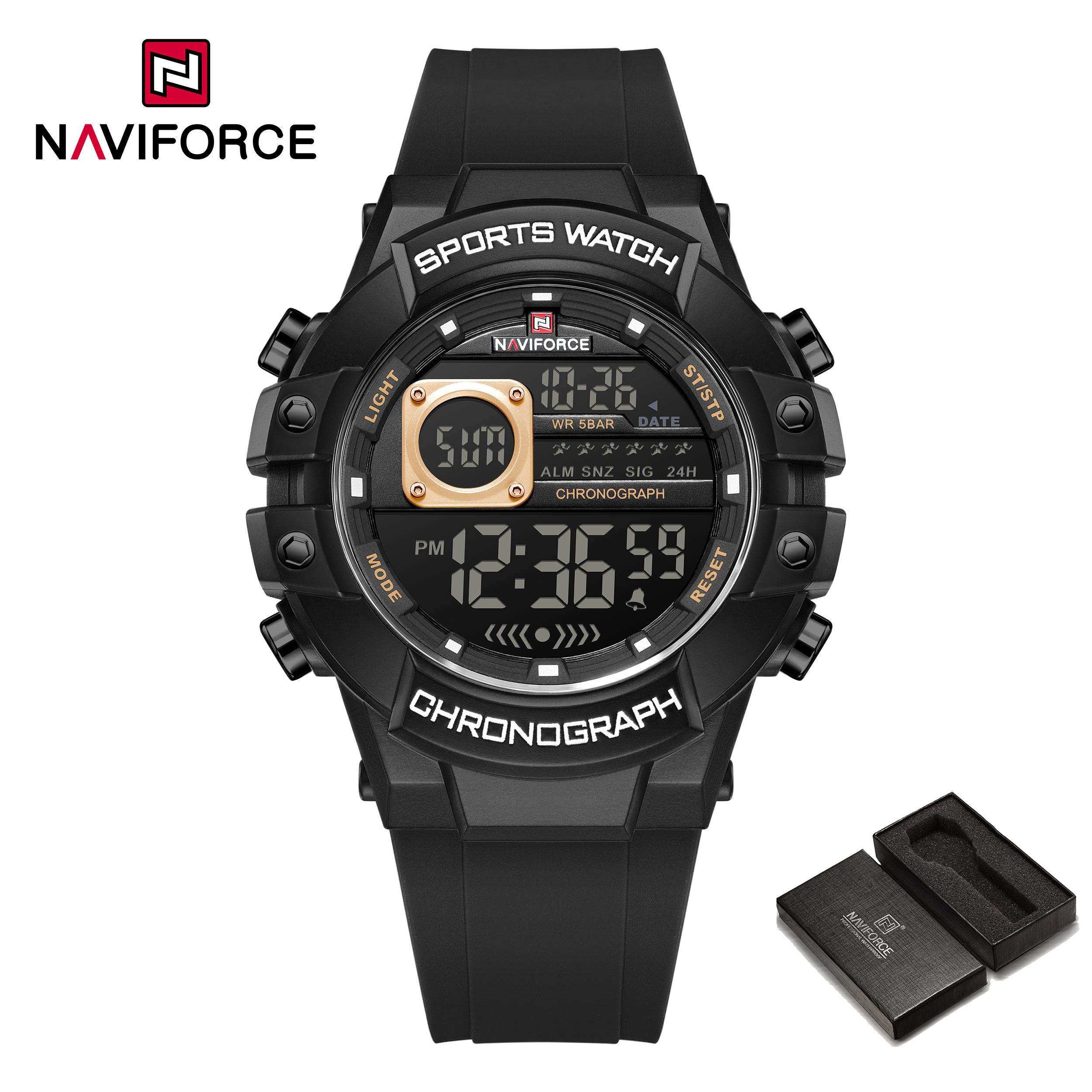 

Спортивний цифровий годинник NAVIFORCE для чоловіків хлопчиків Хронограф Календар Дата Будильник Водонепроникний 50 м Нічний візерунок Чоловічий повсякденний годинник NF6102 рожевий колір золота/чорний
