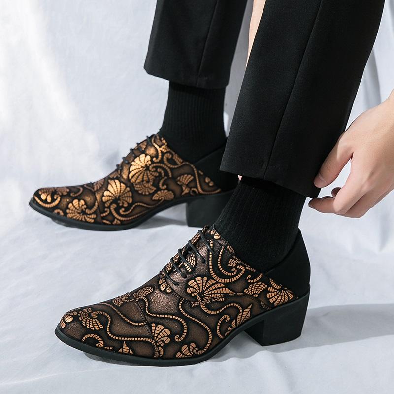 Fashion Trend New Men's Lace Up Pointed National Pattern Height Increasing Oxford Shoes Male Formal Wedding Prom Homecoming Oxfords