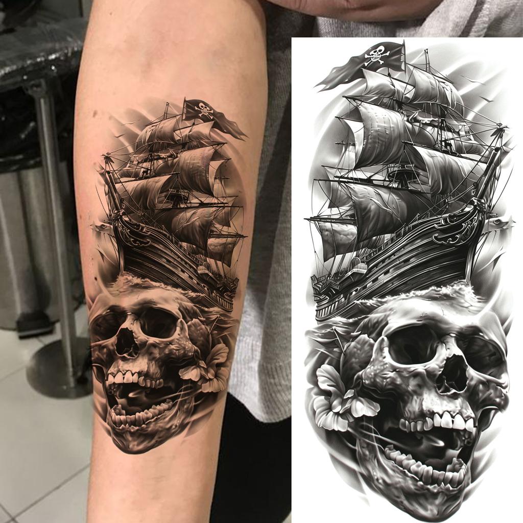 1 Foglio Impermeabile Nave Pirata Vela Tatuaggi Temporanei Per Uomo Donna Bussola Realistica Orologio Tatuaggio Finto Adesivo Lunga Durata
