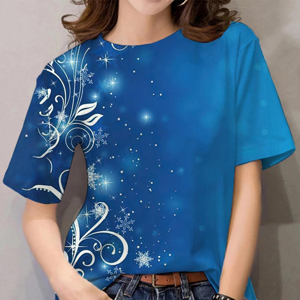Summer Round Neck 3D Butterfly Flower Pattern Print Top Fashionable Casual Short Sleeved Women's T-shirts