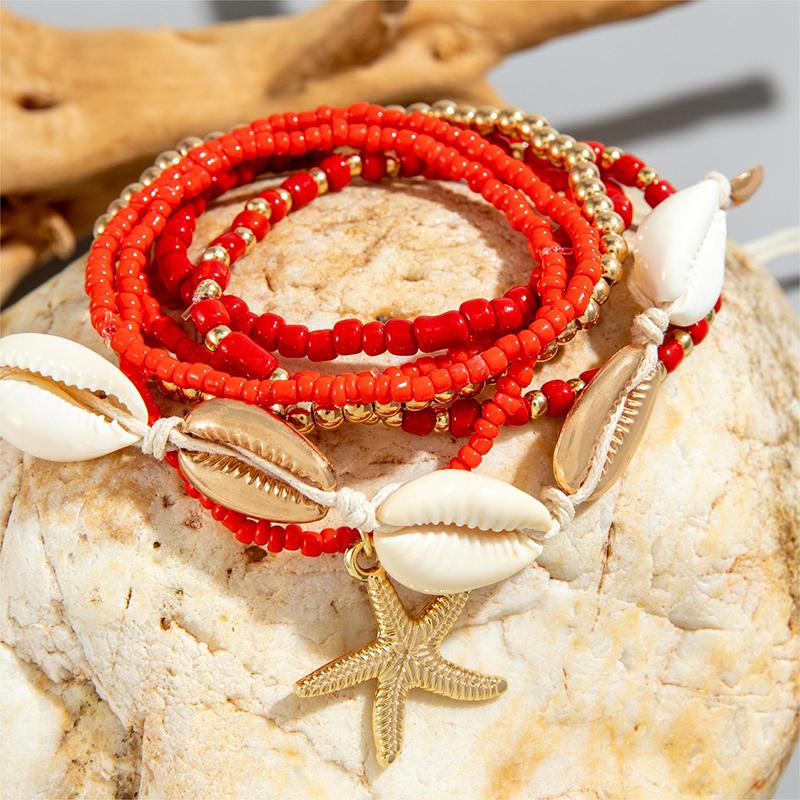 Set da 7 Pezzi Stile Bohémien Resort Braccialetto Intrecciato con Perline di Conchiglie Set di Braccialetti con Perle di Riso Stella Marina Stile Spiaggia Per Donna