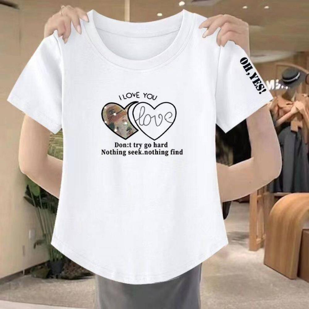 

Женская футболка с коротким рукавом 2025 года, новая свободная, большая, простая, повседневная, с круглым вырезом, с принтом, универсальная, тонкая футболка Ins Fashion 6XL