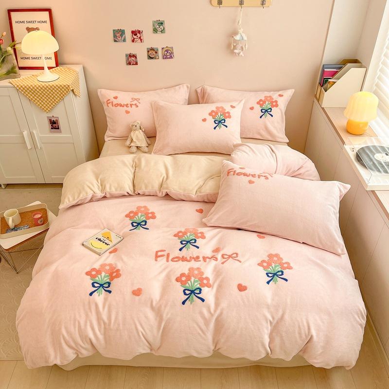 Cartoon Milk Velvet Four Piece Patch Embroidered Coral Velvet Quilt Cover Flannel Sheet Quilt Cover