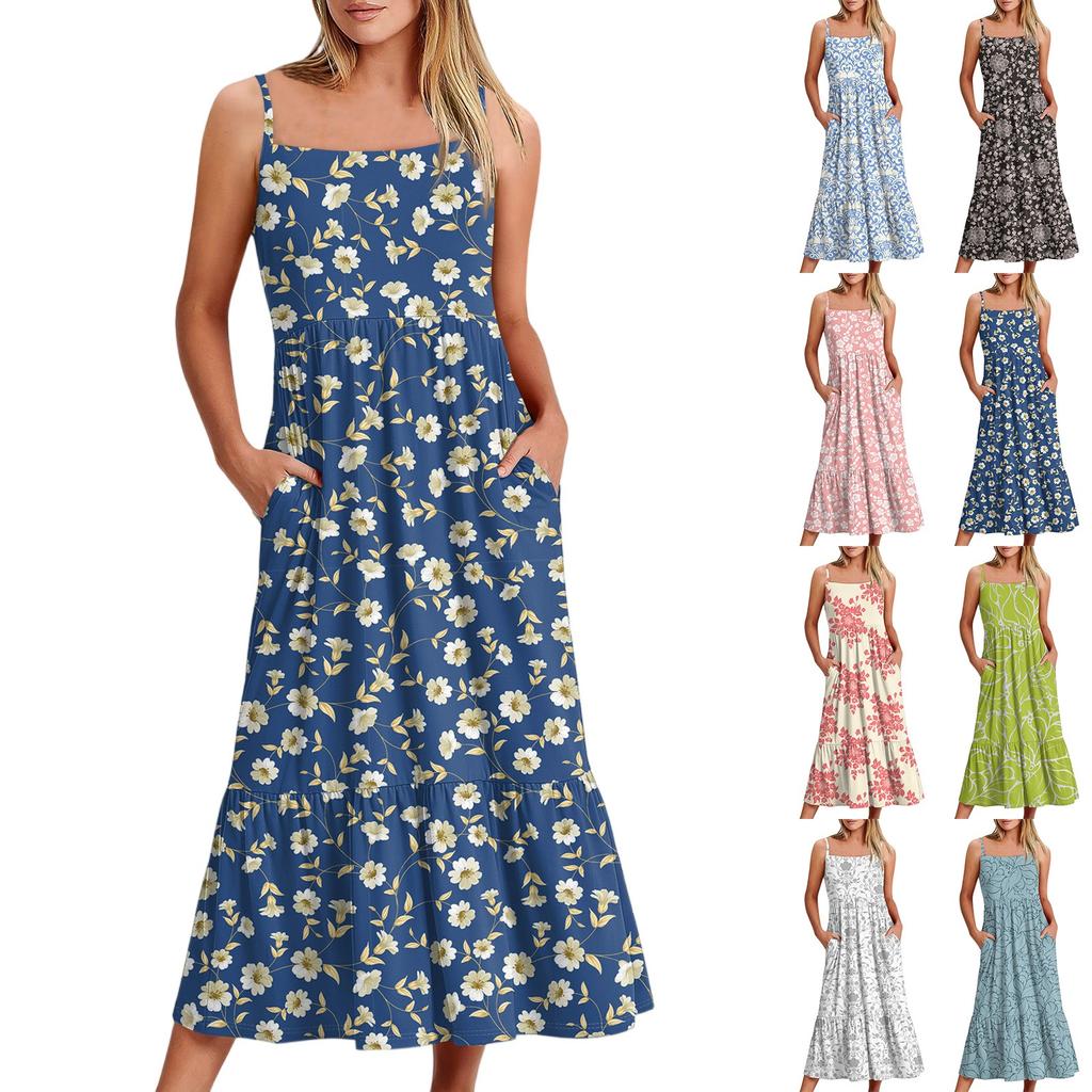 Damen Long Beach Casual Elegant Spaghettiträger Maxikleid Nähte Zurückhaltend Fließendes Bohemian Kleid