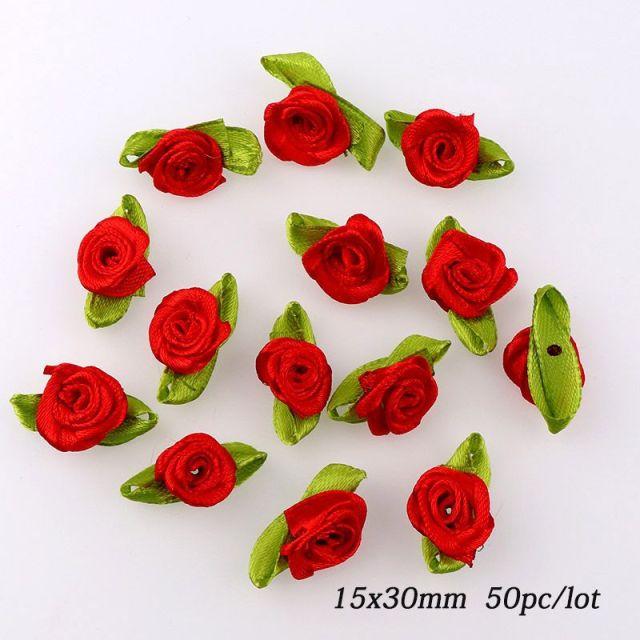 50/100pcs Artificial Fabric Flower and Green Leaf Color Mix Small Ribbon Rose Decoration for Crafts DIY Sewing Decoration