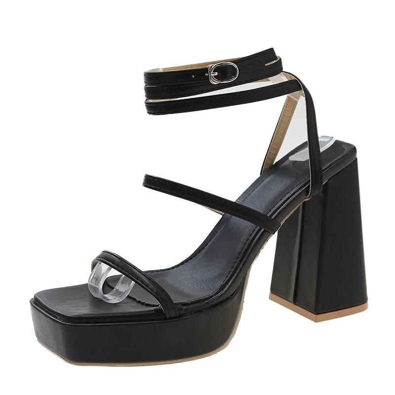 

2024 Новые женские босоножки на высоком каблуке, сексуальные туфли на платформе с квадратным носком, пряжкой, открытым носком, ремешком, туфли-лодочки для вечеринок, летние сандалии Mujer 35 чёрный