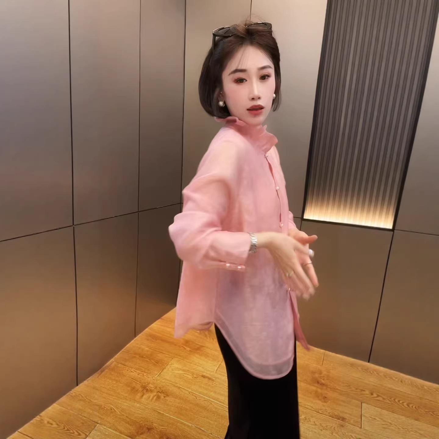 

Женская весенняя универсальная блузка с кружевом и воротником-стойкой, французский жаккард, длинный рукав 2XL (suggested weight 130-140 jin) розовый