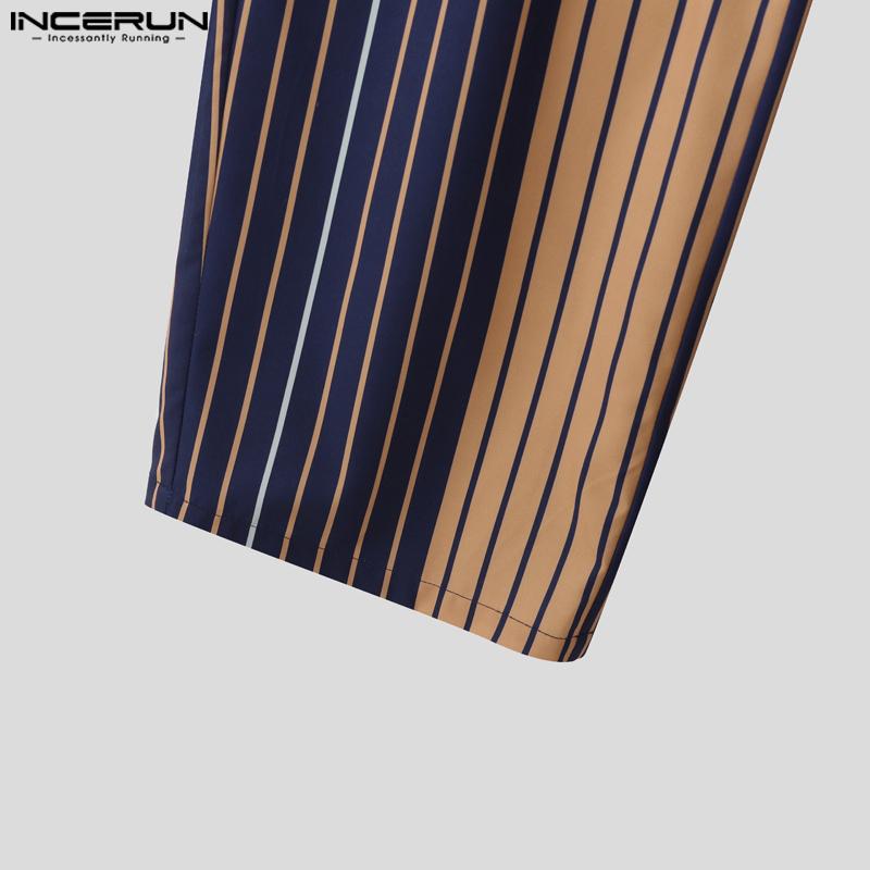 INCERUN Men Casual Elastic Waist Stitching Striped Long Trousers Pants