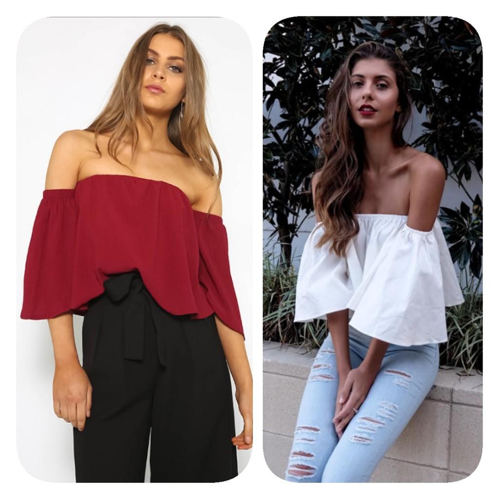 Stylish Summer Off Shoulder Ruffle Hem Loose Fit Top Women Urban Fashion Tee