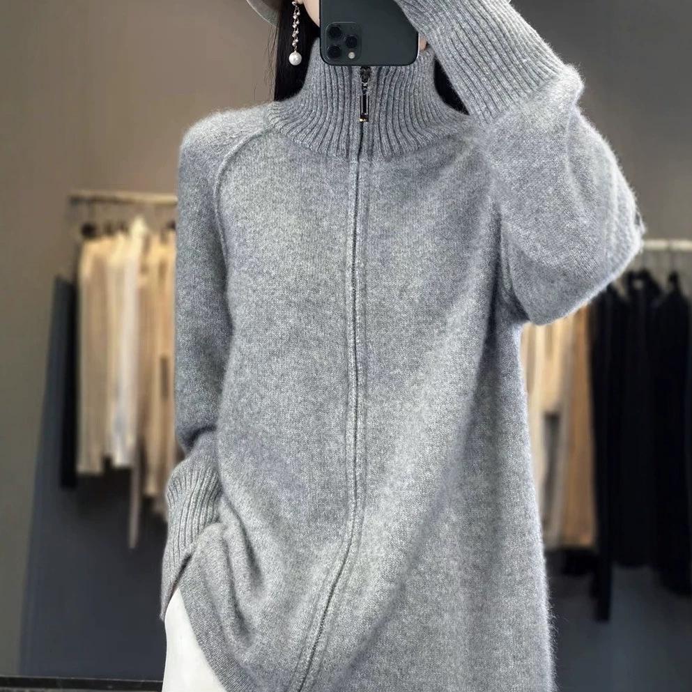 European and American Pure Color Half-High Collar Knit Zipper Sweater for Women - Autumn/Winter Loose Slimming Cardigan