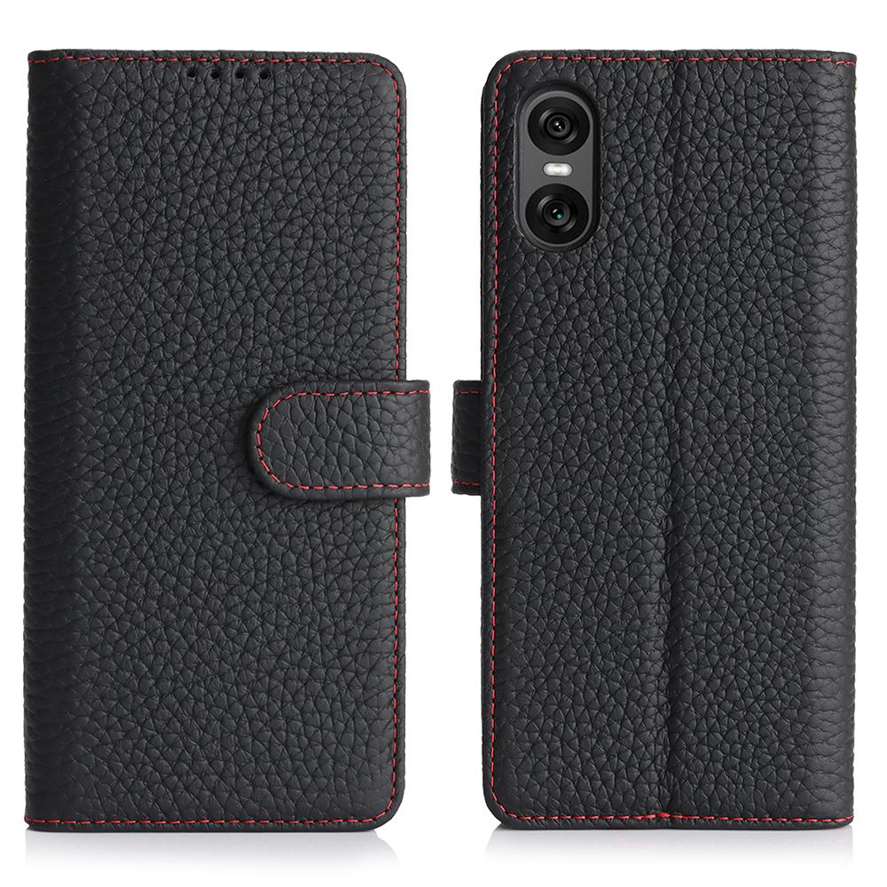 For Sony Xperia 10 VI Stand Case Litchi Texture Genuine Cow Leather Wallet Phone Cover RFID Blocking