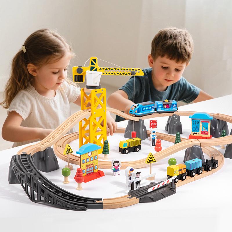 Wooden Train Toy Set with Tower Crane for Kids - Educational Assembly Playset